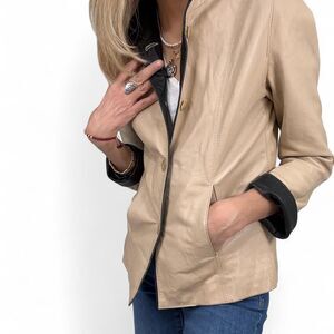 Women's Cream Color Leather Jacket with Black Trim details